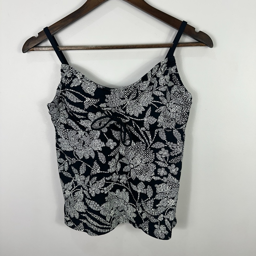 Lands End Black White Floral Tankini Top Womens 8 Underwire Adjustable Straps
